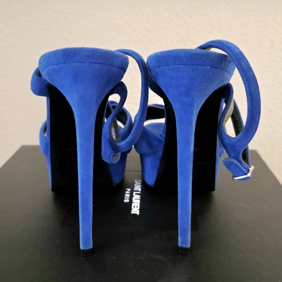 Saint Laurent YSL Blue Suede Platform Stiletto Ankle Strap Buckle Heels EU 38.5 - Picture 6 of 11